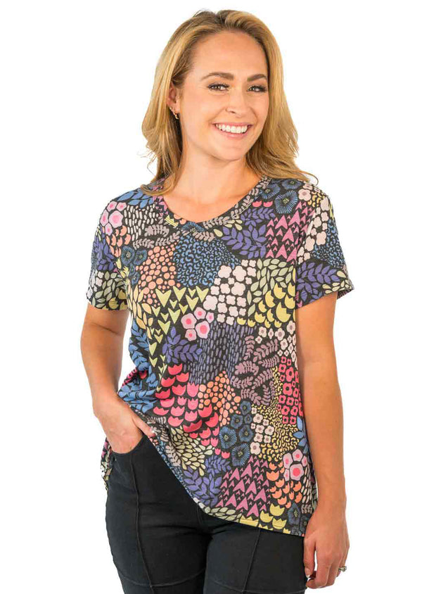 Black/Pink Floral V-Neck Hi-Low T-Shirt