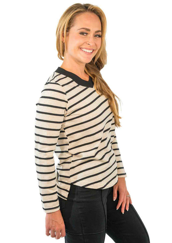 Melange/Black Stripped V-Neck Long Sleeve Top