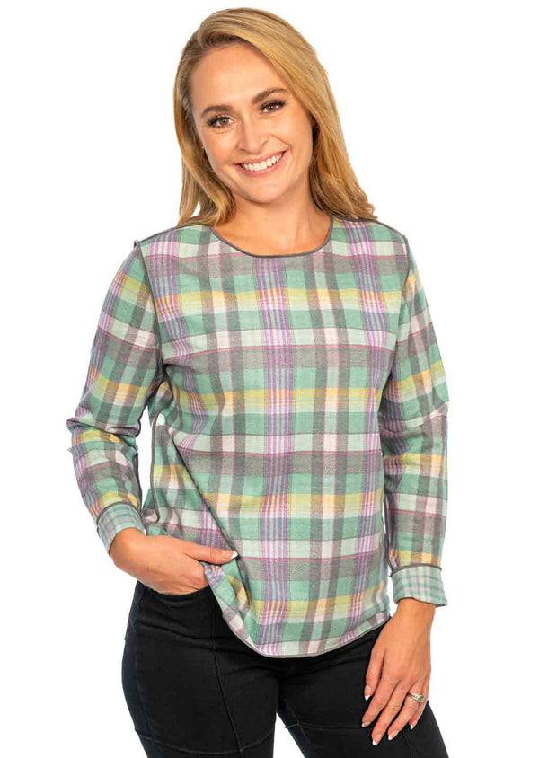 Seafoam/Green Plaid Print Reversible Long Sleeve Crew Neck Top