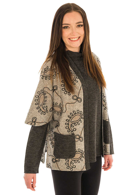 Rib trim open front cardigan paisley.