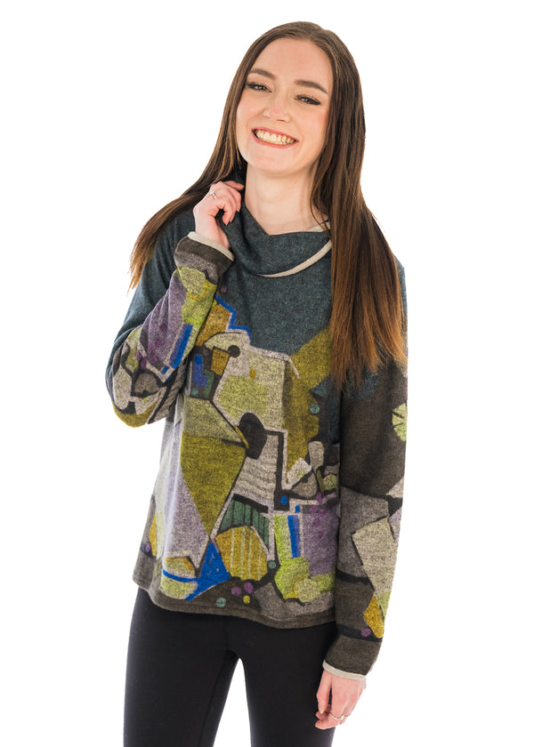 Contrast Trim Twist Neck Abstract Print Sweater