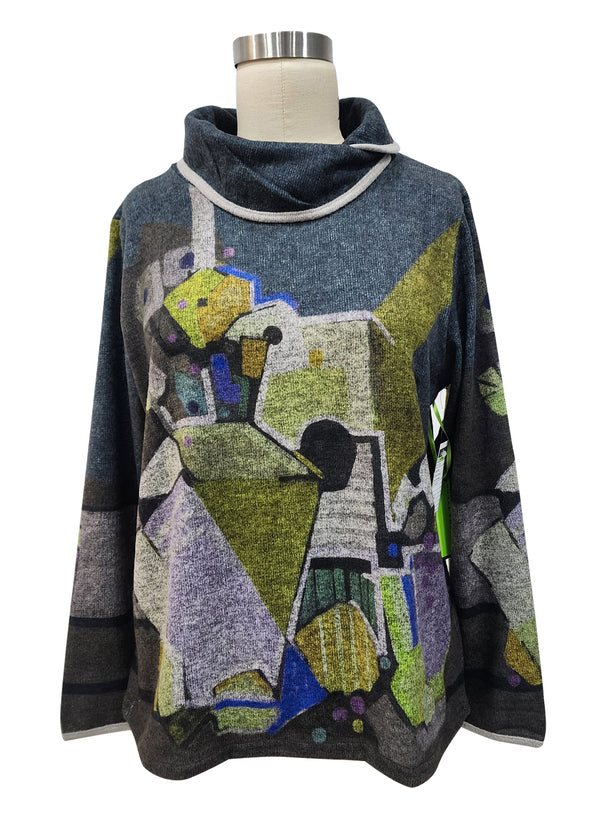 Contrast Trim Twist Neck Abstract Print Sweater