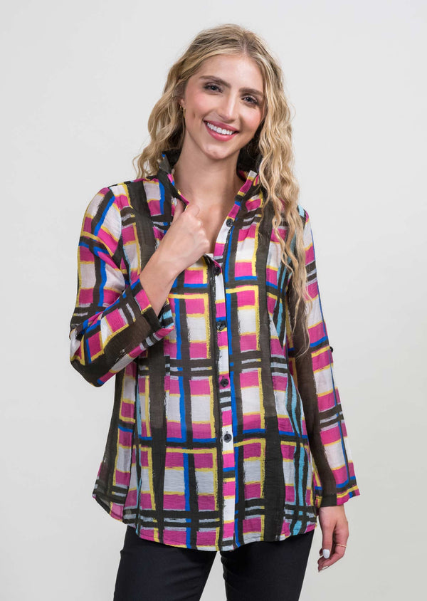 Block Print Plaid Wire Collar A-Line Jacket