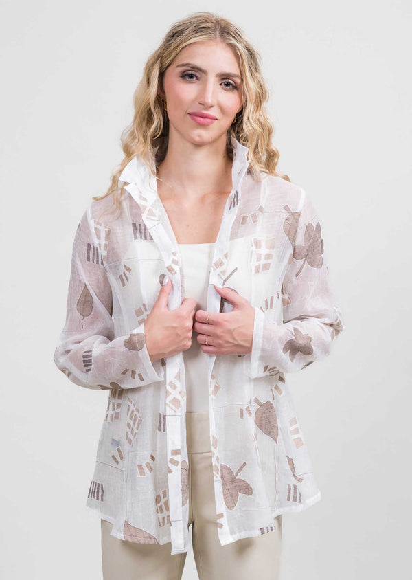 Tan/White Print A-Line Wire Collar Long Jacket