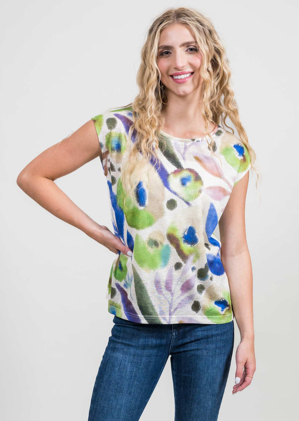 Blue/Green Button Back  Linen Like Shirt