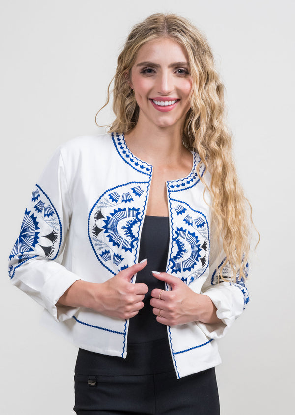 White/Blue Embroidered Twill Jacket