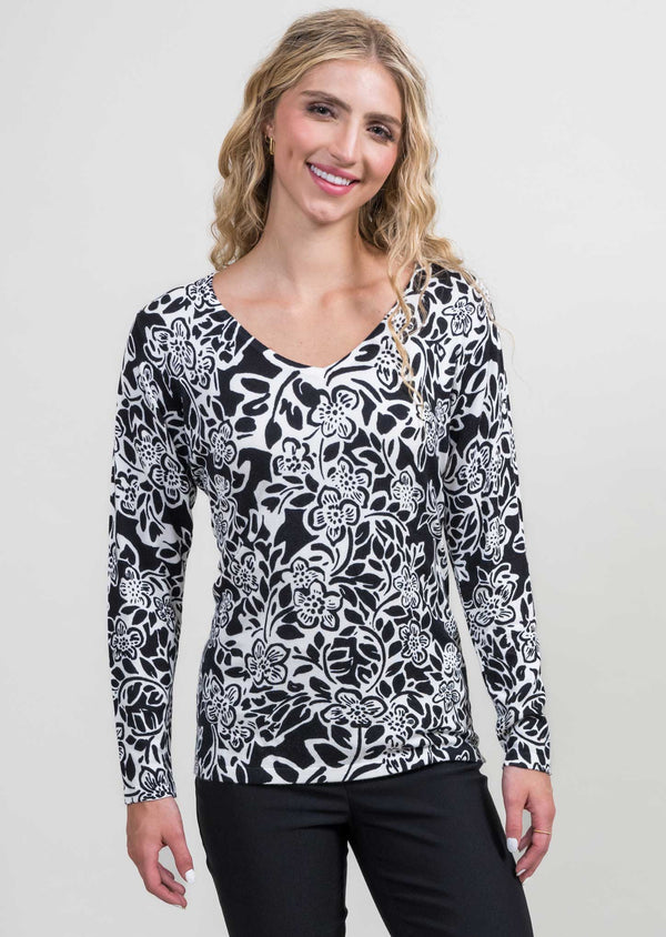 Black/White Printed V-Neck Sweater