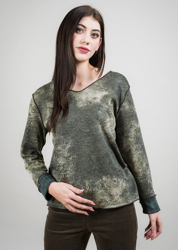 Reversible Plaid Scroll V-Neck
