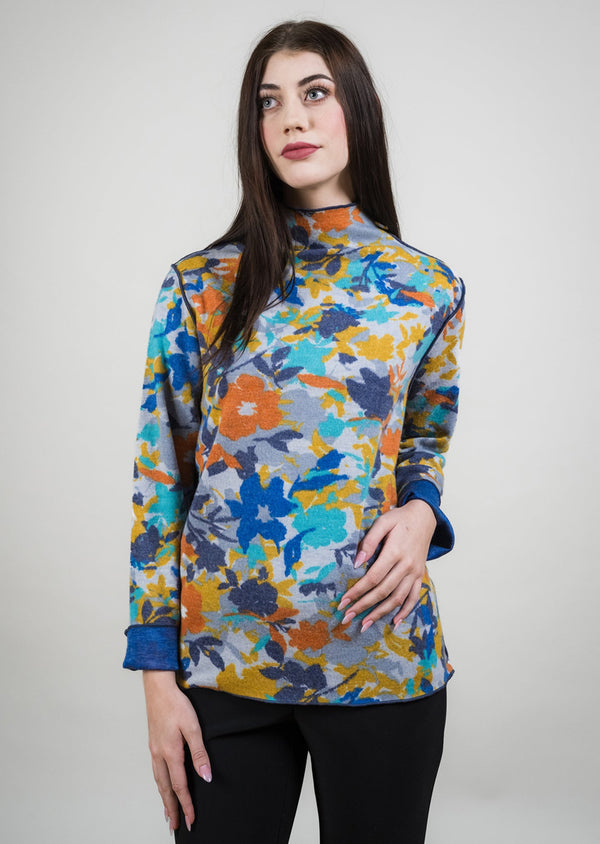 Gold/Turquoise Reversible Floral Mock Neck