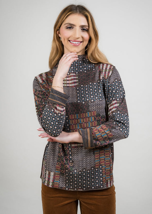 Black/Brown Mosaic-inspired Print Reversible Mock Neck