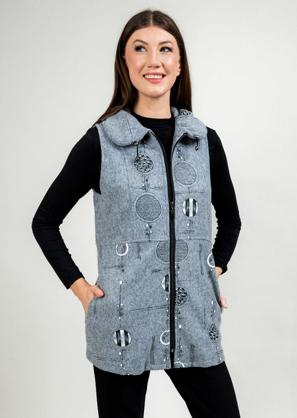 ZIP UP VEST WITH DRAWSTRING COLLAR  (LT GREY AND NAVY)