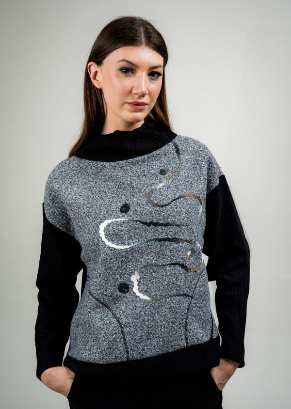 EMBROIDERED LAYERED COWL NECK SWEATER