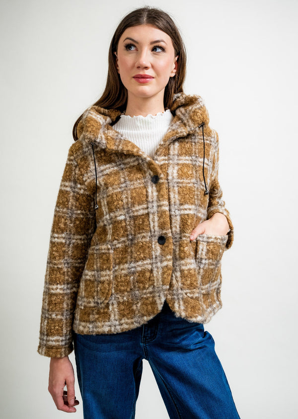 PLAID BOUCCLE POUFF NECK COAT