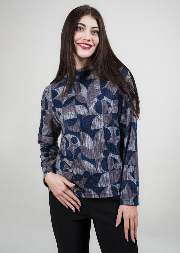 GREY/DENIM SELF EMBROIDERED PRINTED MOCKNECK