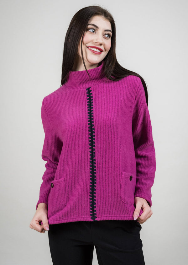 COWL NECK WITH POCKET AND RIC-RAC STITCH DETAIL