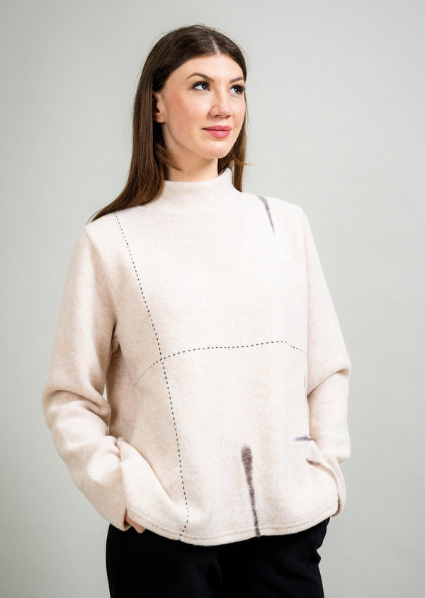 MECK NECK SWEATER WITH LINEAR FELTING AND EMBROIDERY