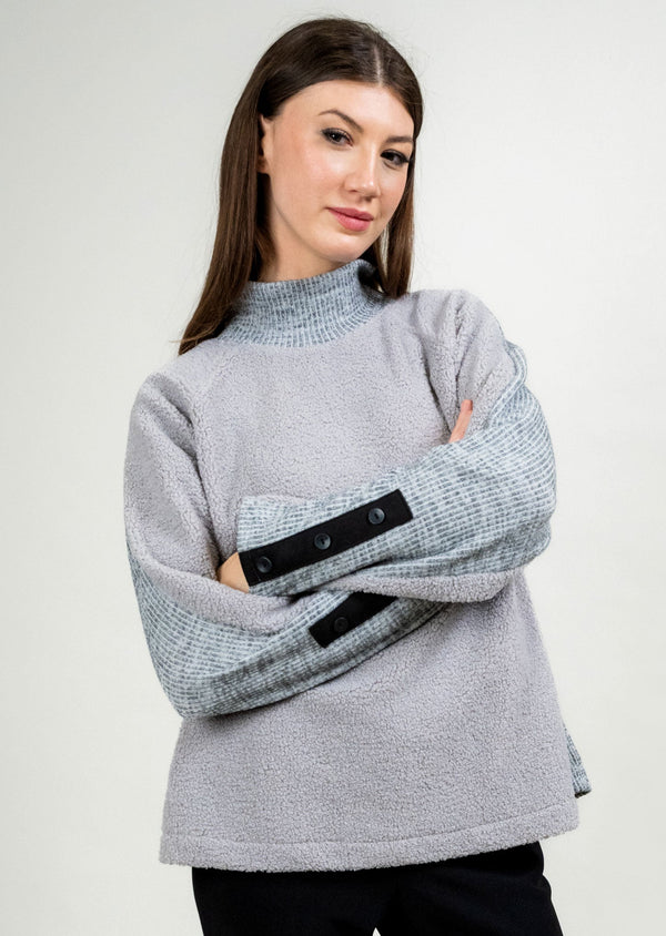 RIBBED COWL NECK WITH SHERPA FRONT AND BUTTON DETAIL