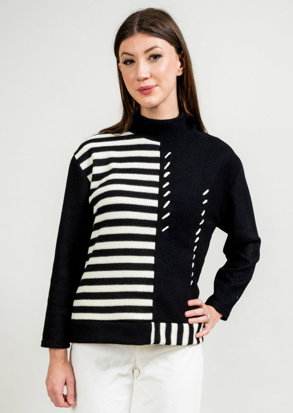 ASSYMETRIC STRIPE PANELED MOCKNECK SWEATER