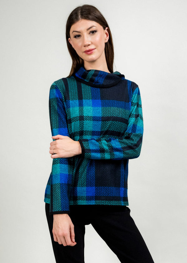 CONTRAST TRIM FOLD OVER NECK PLAID PRINTED SWEATER