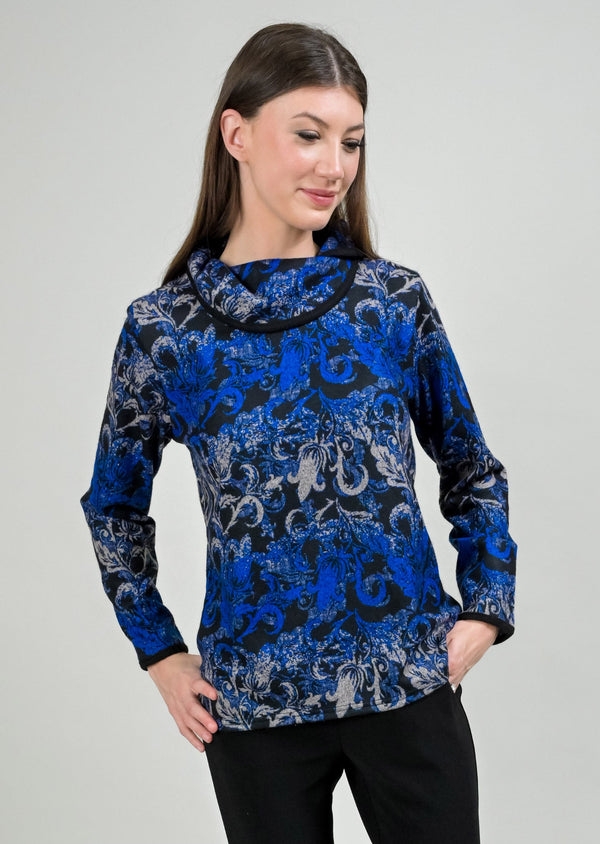 CONTRAST TRIM FOLDOVER COLLAR OMBRE JAQUARD PRINT SWEATER