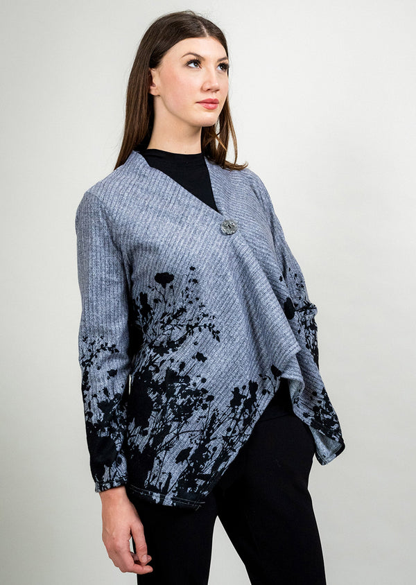 GREY/BLACK PRINT ONE BUTTON CARDIGAN