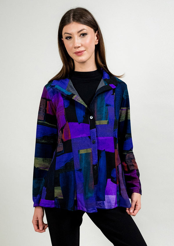 PURPLE ABSTRACT PRINT WIRE COLLAR JACKET