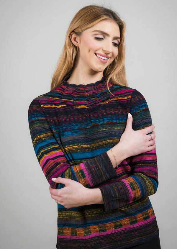 STRIPE BLUE/PINK PRINT LONGSLEEVE STITCH MOCK