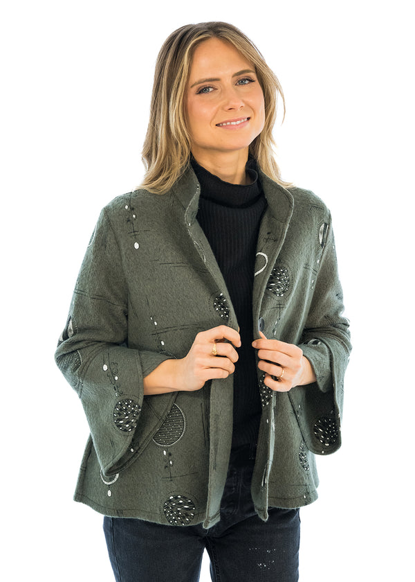 Split Bell Sleeve Mandarin Collar Btn Front Jacket