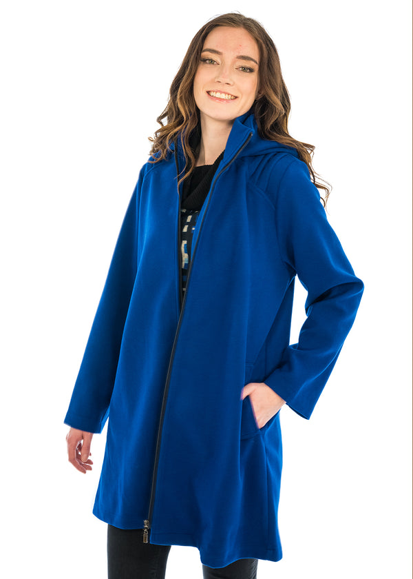 Gather Collar Long Coat Zip Front